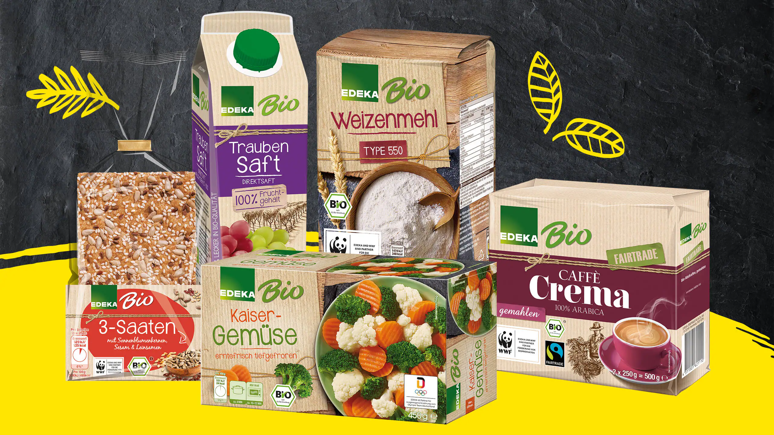 EDEKA Bio Traubensaft, Weizenmehl, 3-Saaten, Kaiser-Gemüse, Caffè Crema